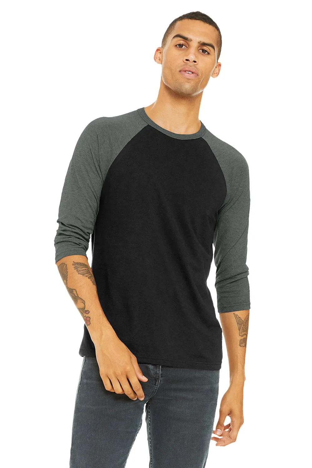 Bella   Canvas Mens 3/4 Sleeve Crewneck T-Shirt - Black/Heather Deep Grey