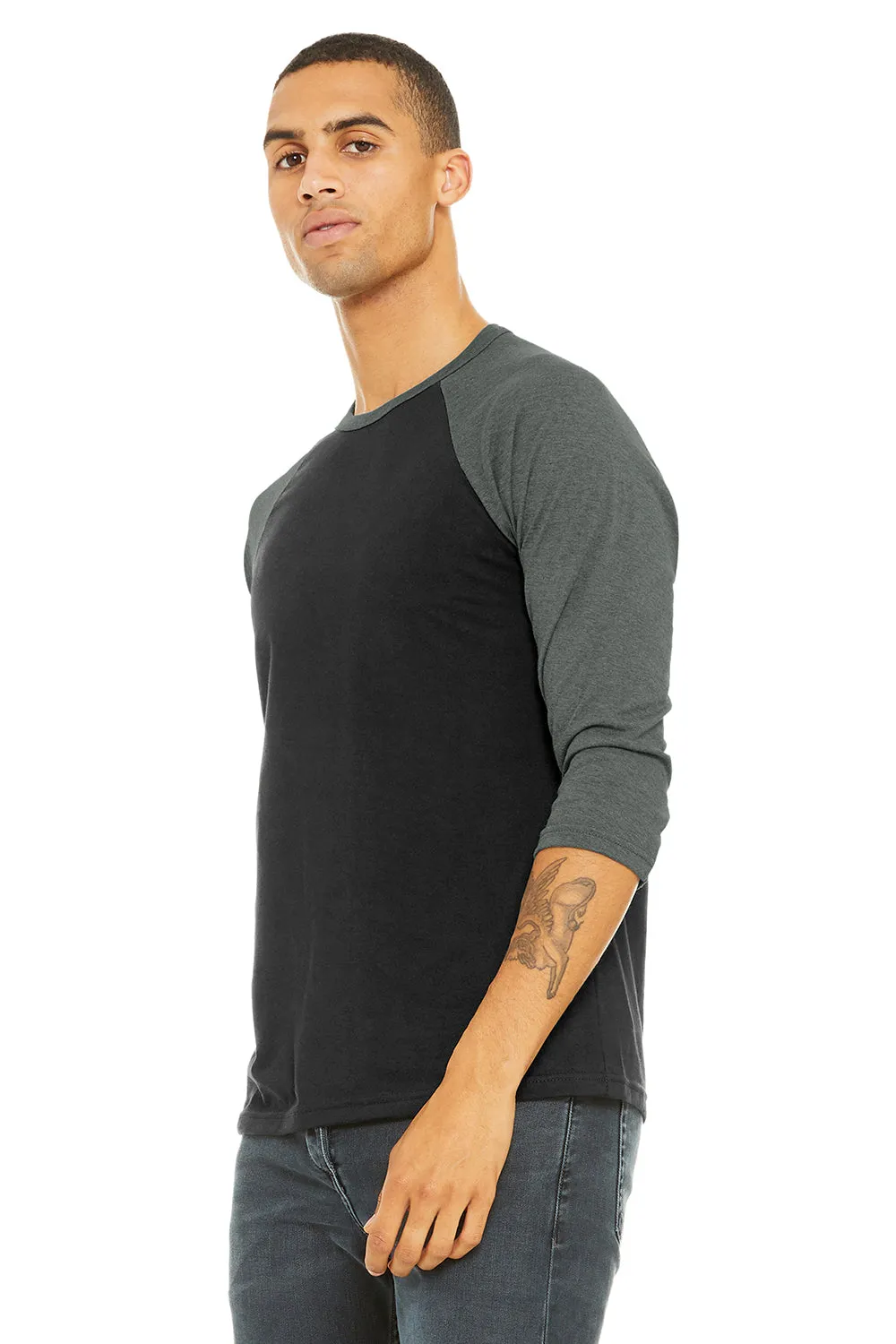 Bella   Canvas Mens 3/4 Sleeve Crewneck T-Shirt - Black/Heather Deep Grey