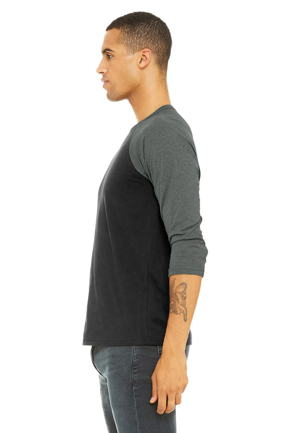 Bella   Canvas Mens 3/4 Sleeve Crewneck T-Shirt - Black/Heather Deep Grey