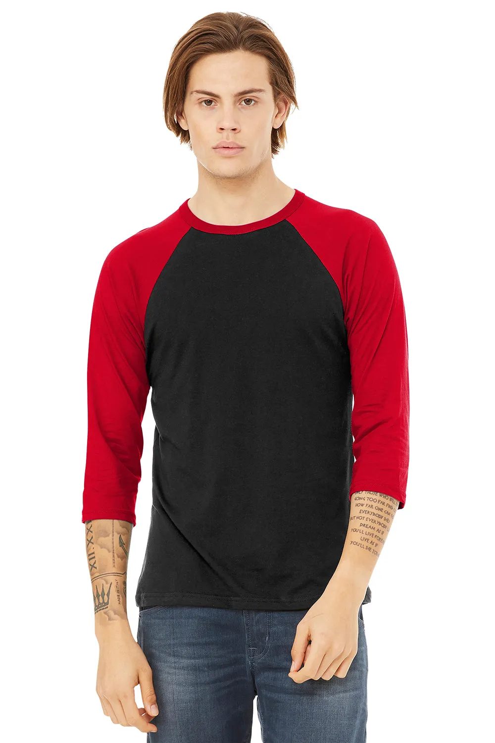 Bella   Canvas Mens 3/4 Sleeve Crewneck T-Shirt - Black/Red