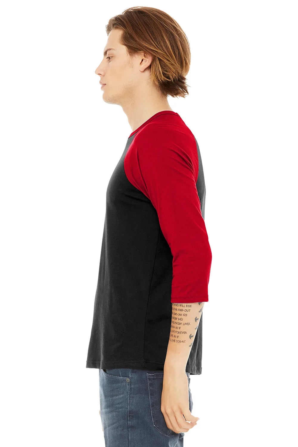 Bella   Canvas Mens 3/4 Sleeve Crewneck T-Shirt - Black/Red