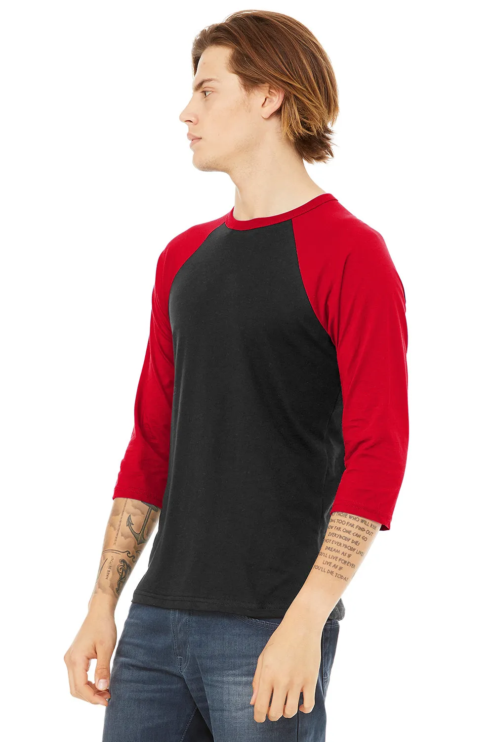 Bella   Canvas Mens 3/4 Sleeve Crewneck T-Shirt - Black/Red
