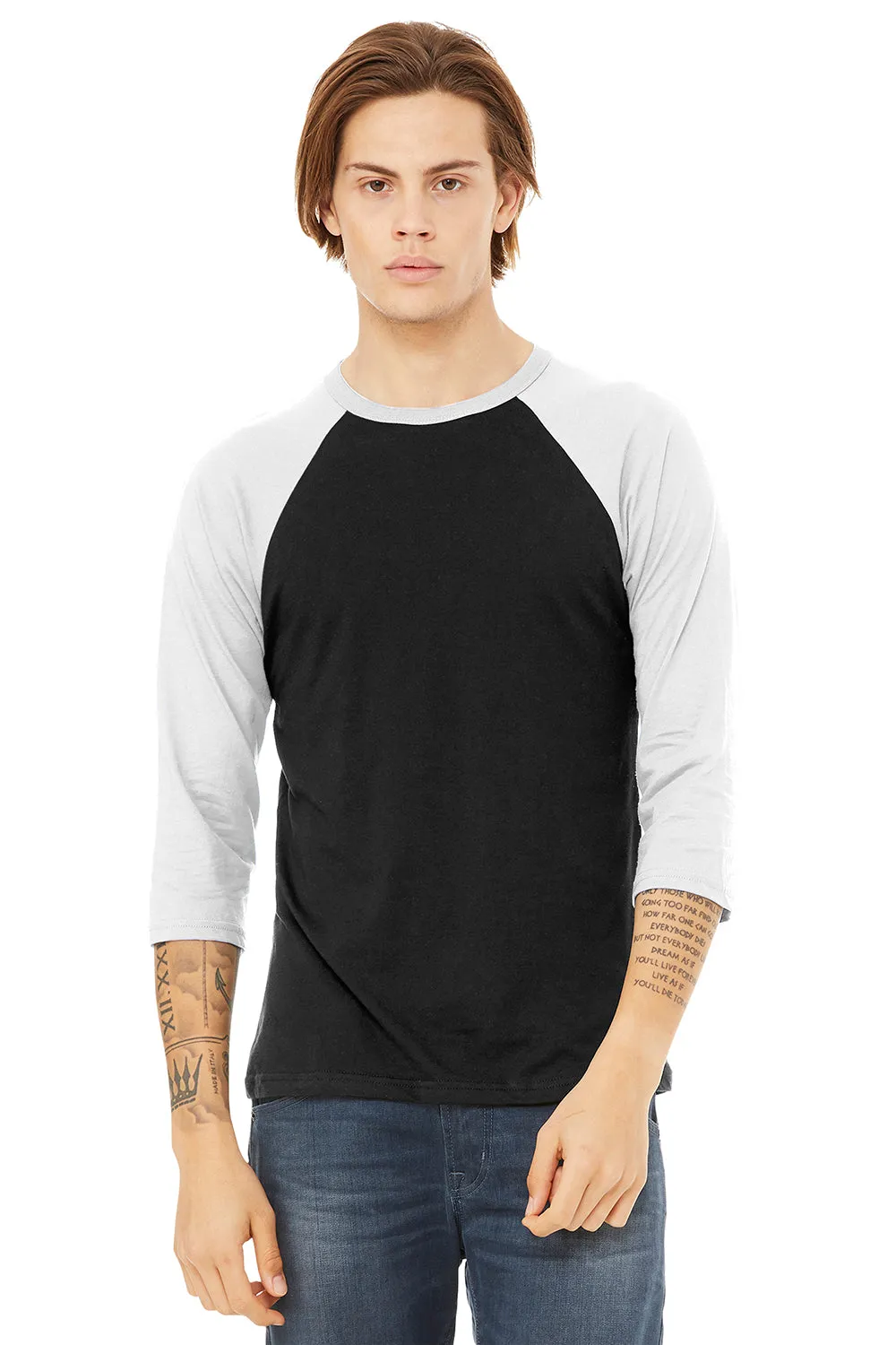 Bella   Canvas Mens 3/4 Sleeve Crewneck T-Shirt - Black/White
