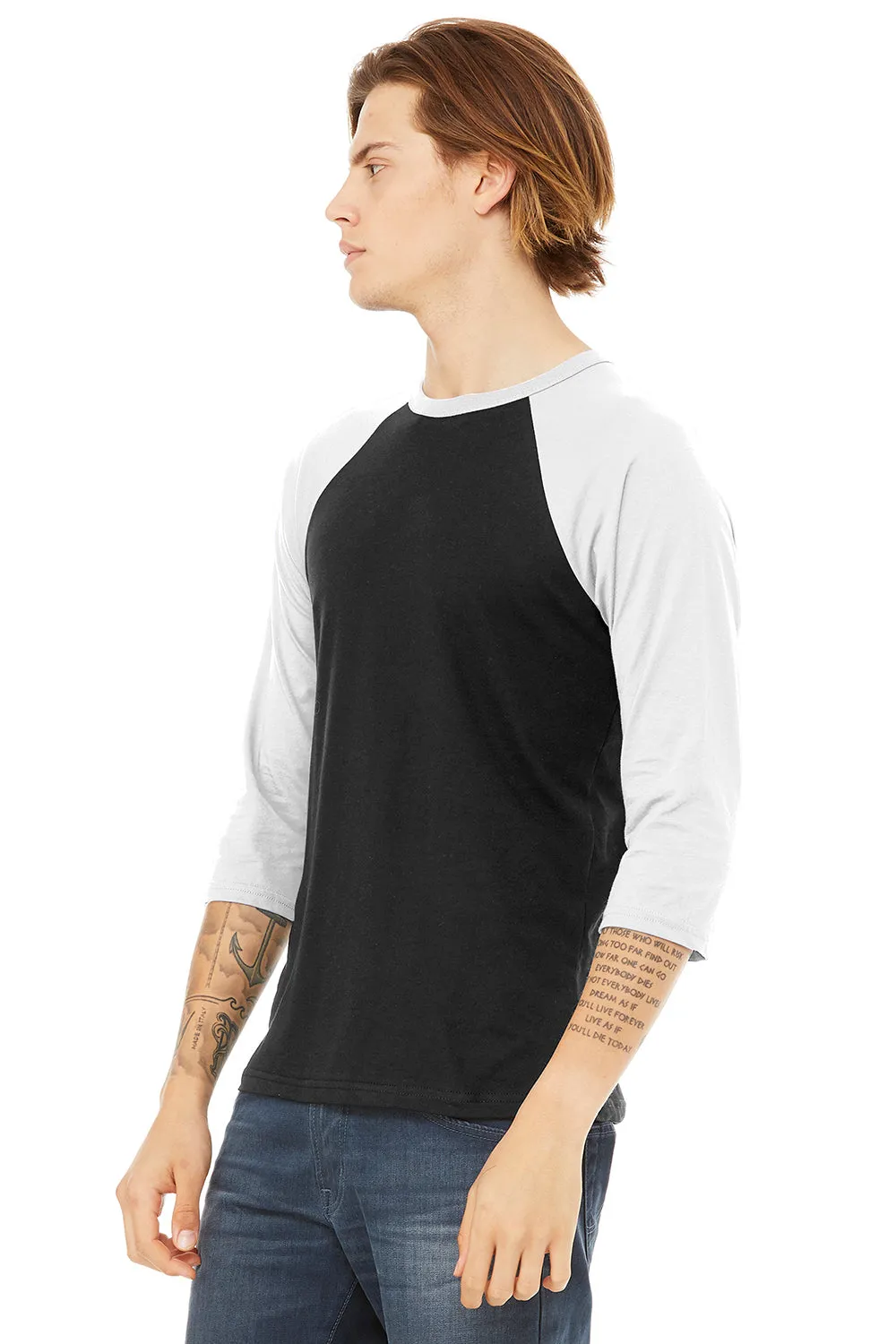 Bella   Canvas Mens 3/4 Sleeve Crewneck T-Shirt - Black/White