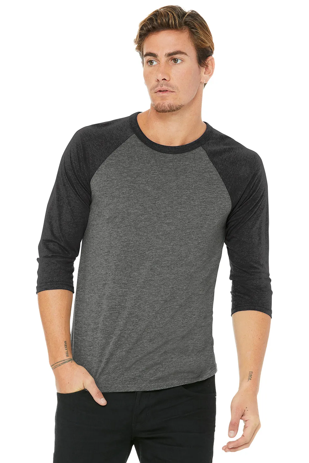 Bella   Canvas Mens 3/4 Sleeve Crewneck T-Shirt - Grey/Charcoal Black