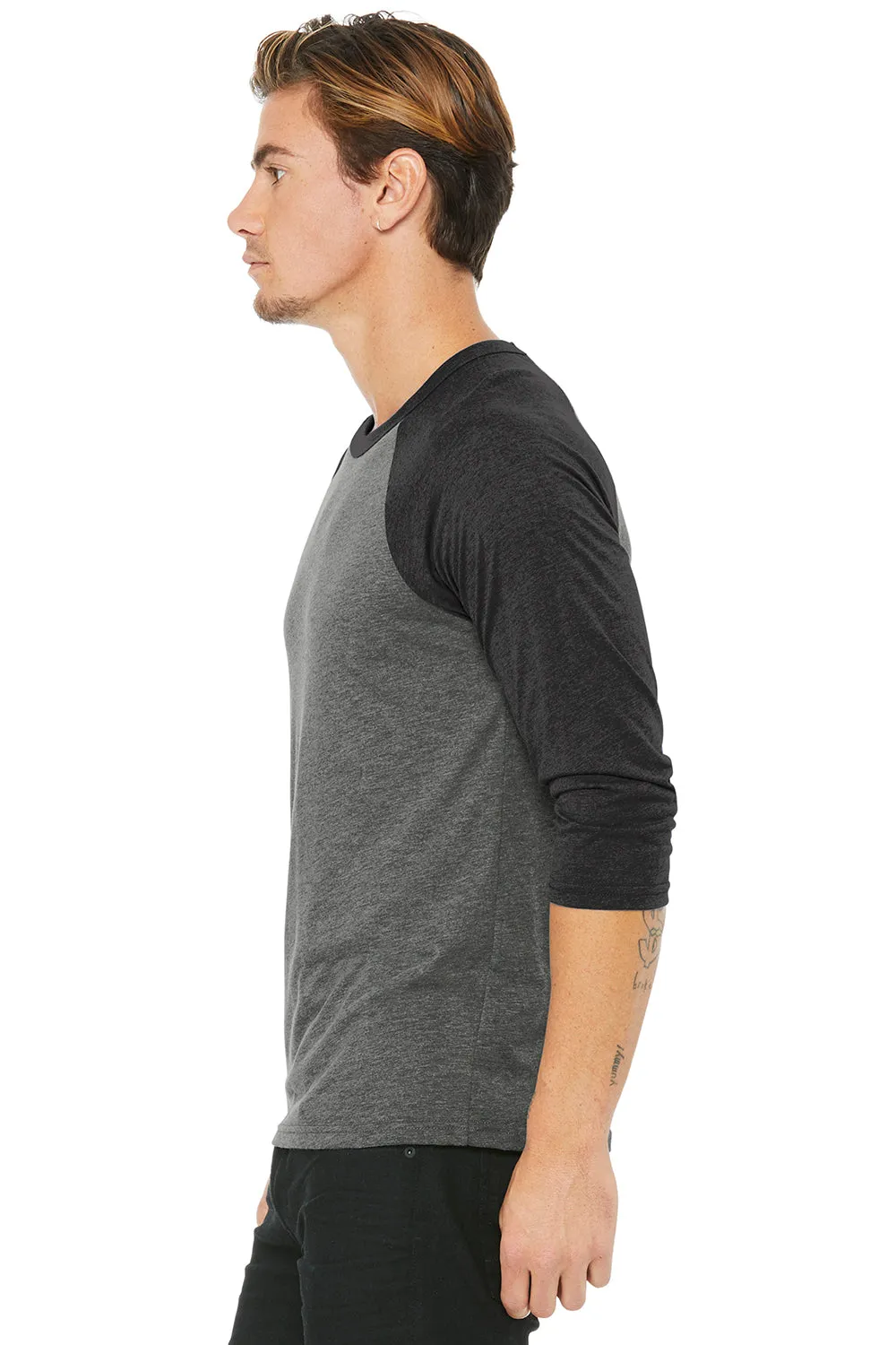 Bella   Canvas Mens 3/4 Sleeve Crewneck T-Shirt - Grey/Charcoal Black
