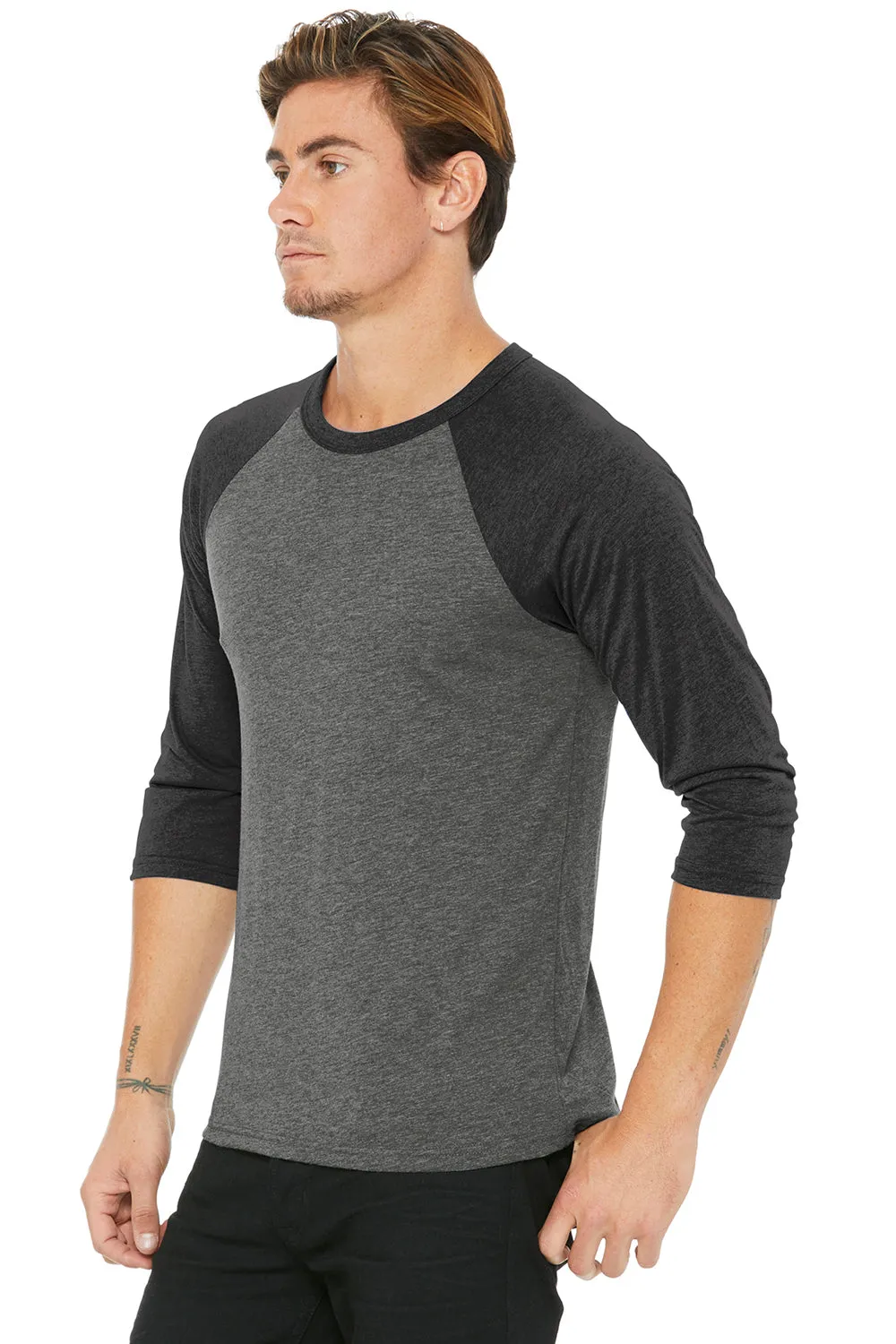Bella   Canvas Mens 3/4 Sleeve Crewneck T-Shirt - Grey/Charcoal Black