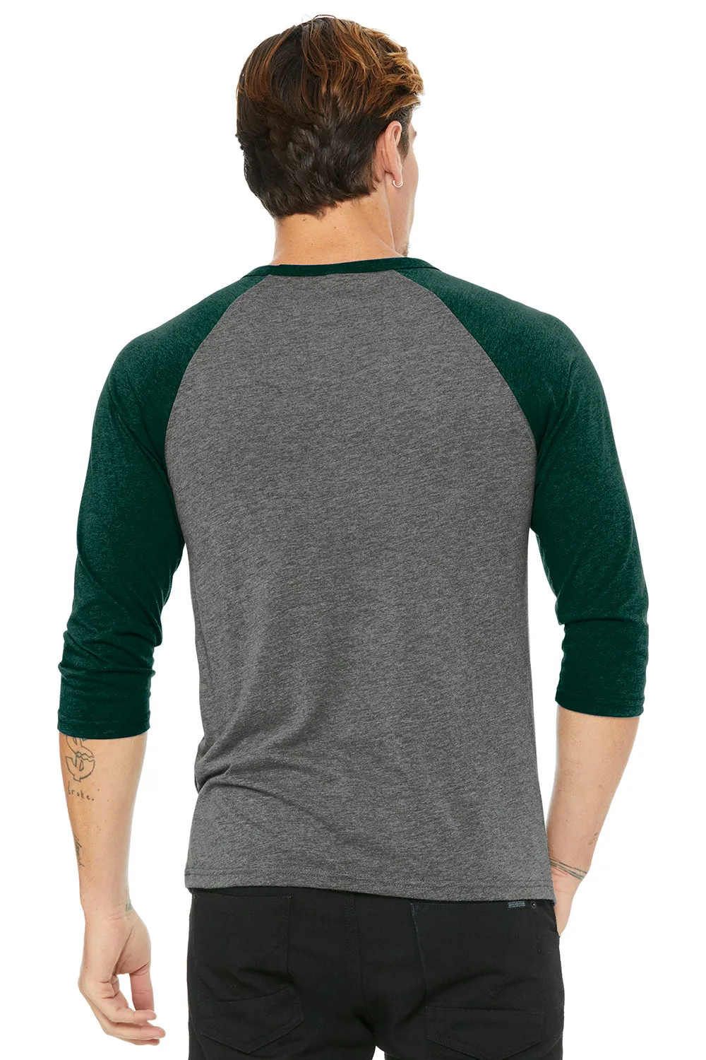 Bella   Canvas Mens 3/4 Sleeve Crewneck T-Shirt - Grey/Emerald Green - Closeout