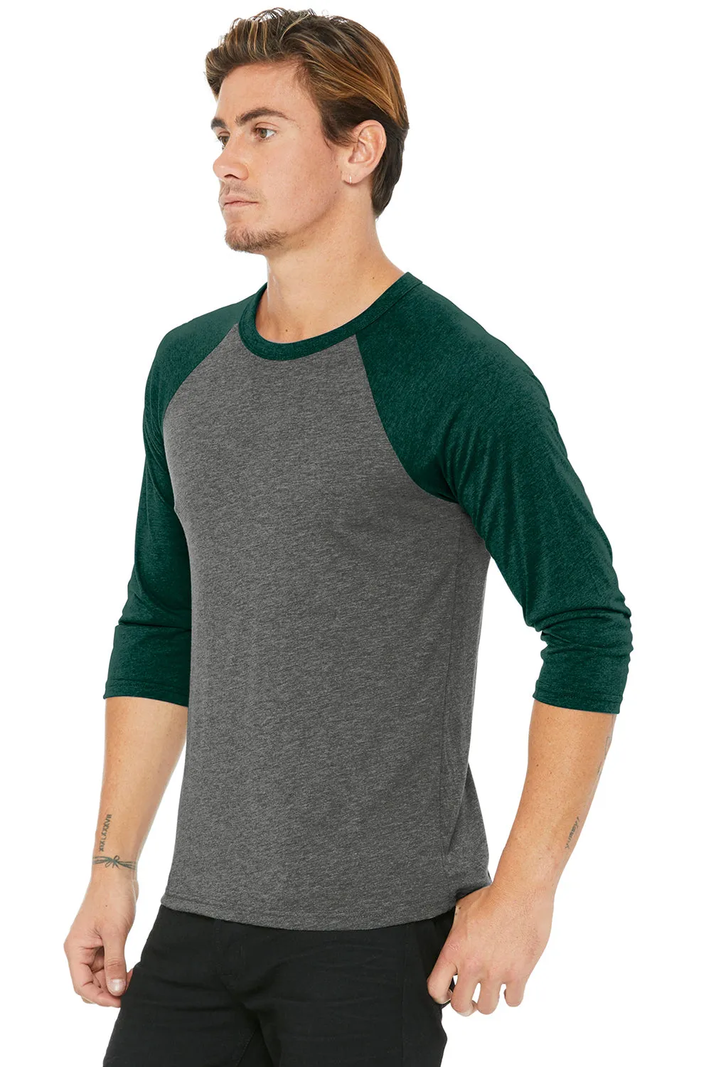 Bella   Canvas Mens 3/4 Sleeve Crewneck T-Shirt - Grey/Emerald Green - Closeout