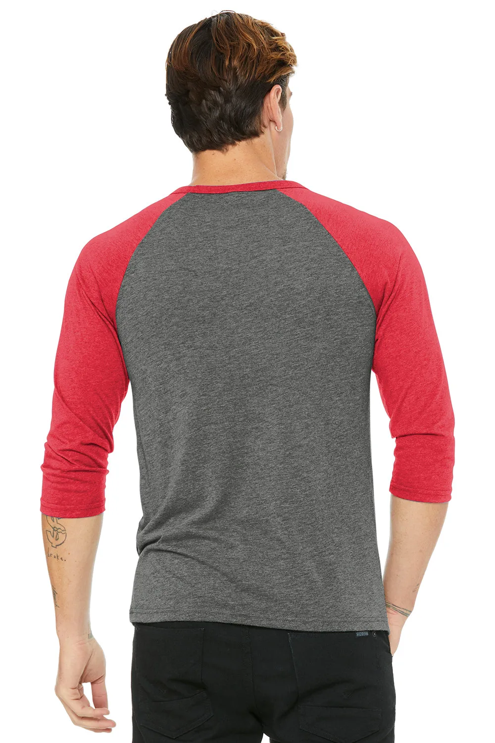 Bella   Canvas Mens 3/4 Sleeve Crewneck T-Shirt - Grey/Light Red