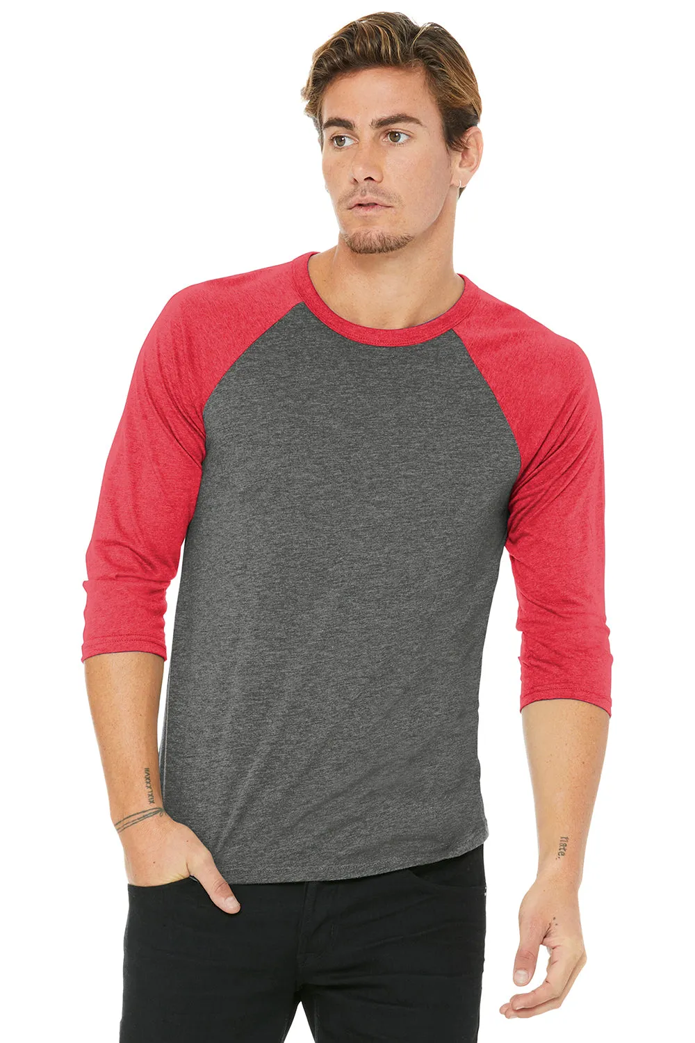 Bella   Canvas Mens 3/4 Sleeve Crewneck T-Shirt - Grey/Light Red