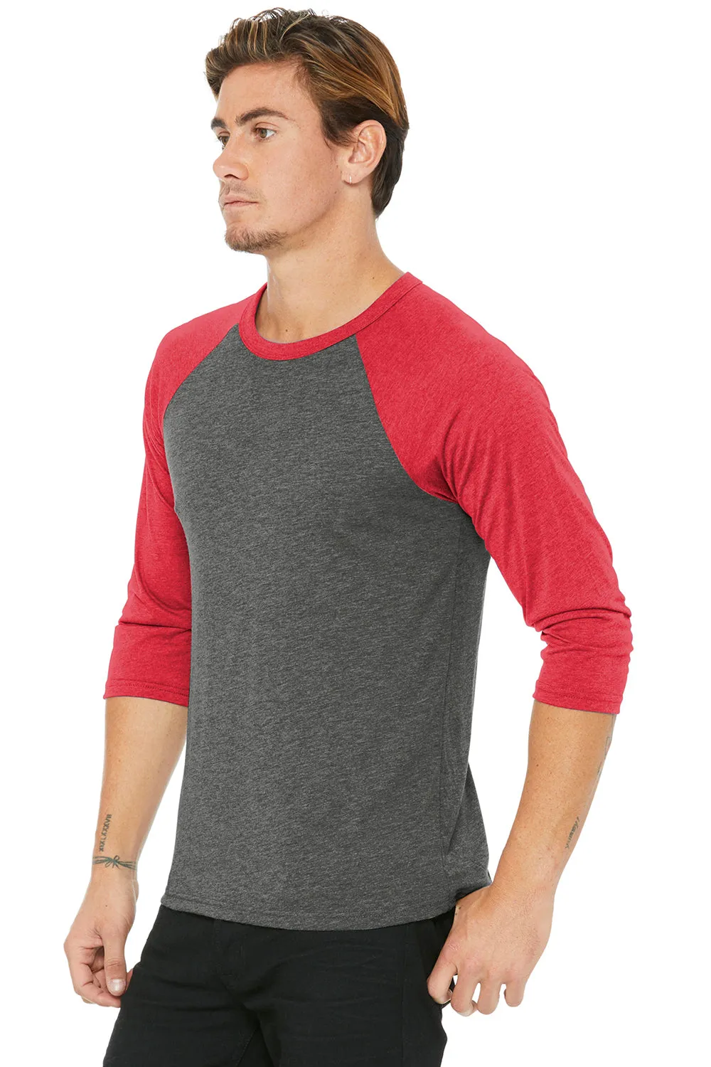 Bella   Canvas Mens 3/4 Sleeve Crewneck T-Shirt - Grey/Light Red