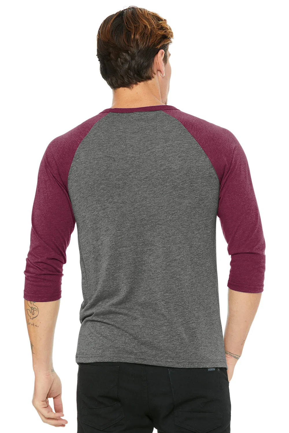 Bella   Canvas Mens 3/4 Sleeve Crewneck T-Shirt - Grey/Maroon