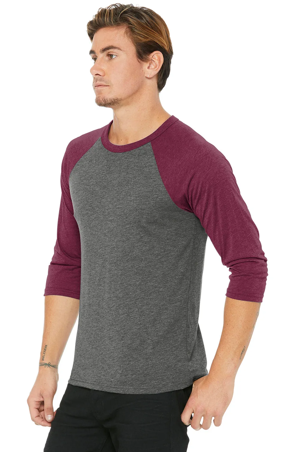 Bella   Canvas Mens 3/4 Sleeve Crewneck T-Shirt - Grey/Maroon