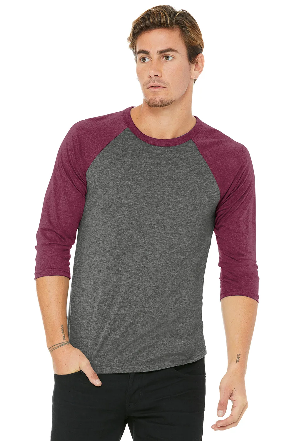 Bella   Canvas Mens 3/4 Sleeve Crewneck T-Shirt - Grey/Maroon