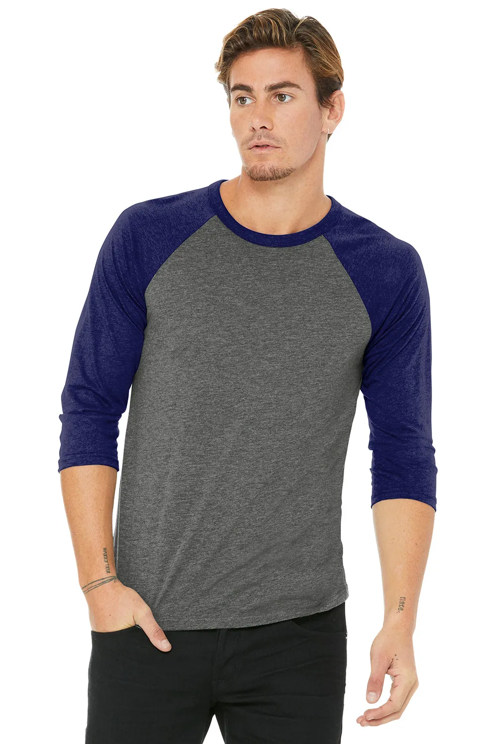 Bella   Canvas Mens 3/4 Sleeve Crewneck T-Shirt - Grey/Navy Blue