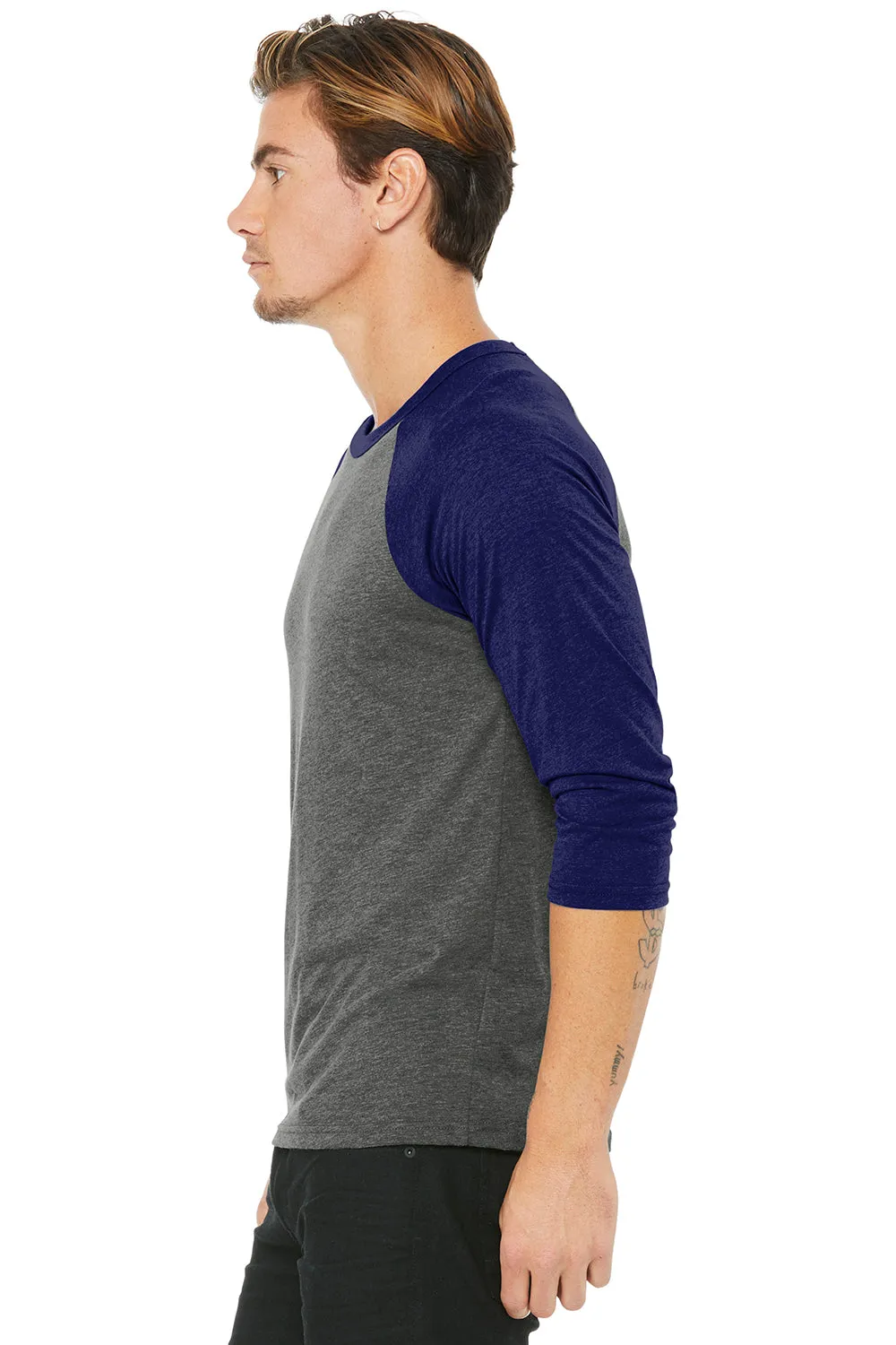 Bella   Canvas Mens 3/4 Sleeve Crewneck T-Shirt - Grey/Navy Blue