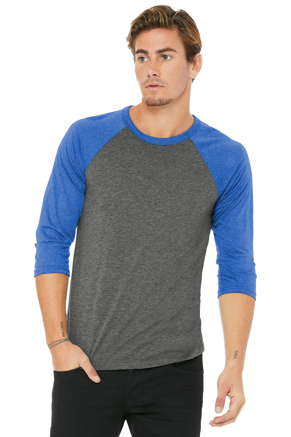 Bella   Canvas Mens 3/4 Sleeve Crewneck T-Shirt - Grey/Royal Blue