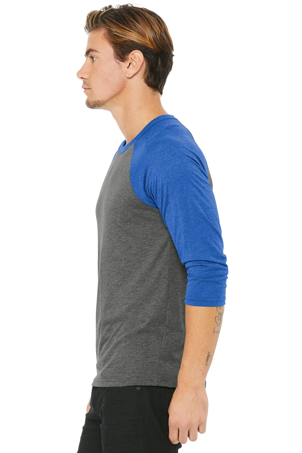 Bella   Canvas Mens 3/4 Sleeve Crewneck T-Shirt - Grey/Royal Blue