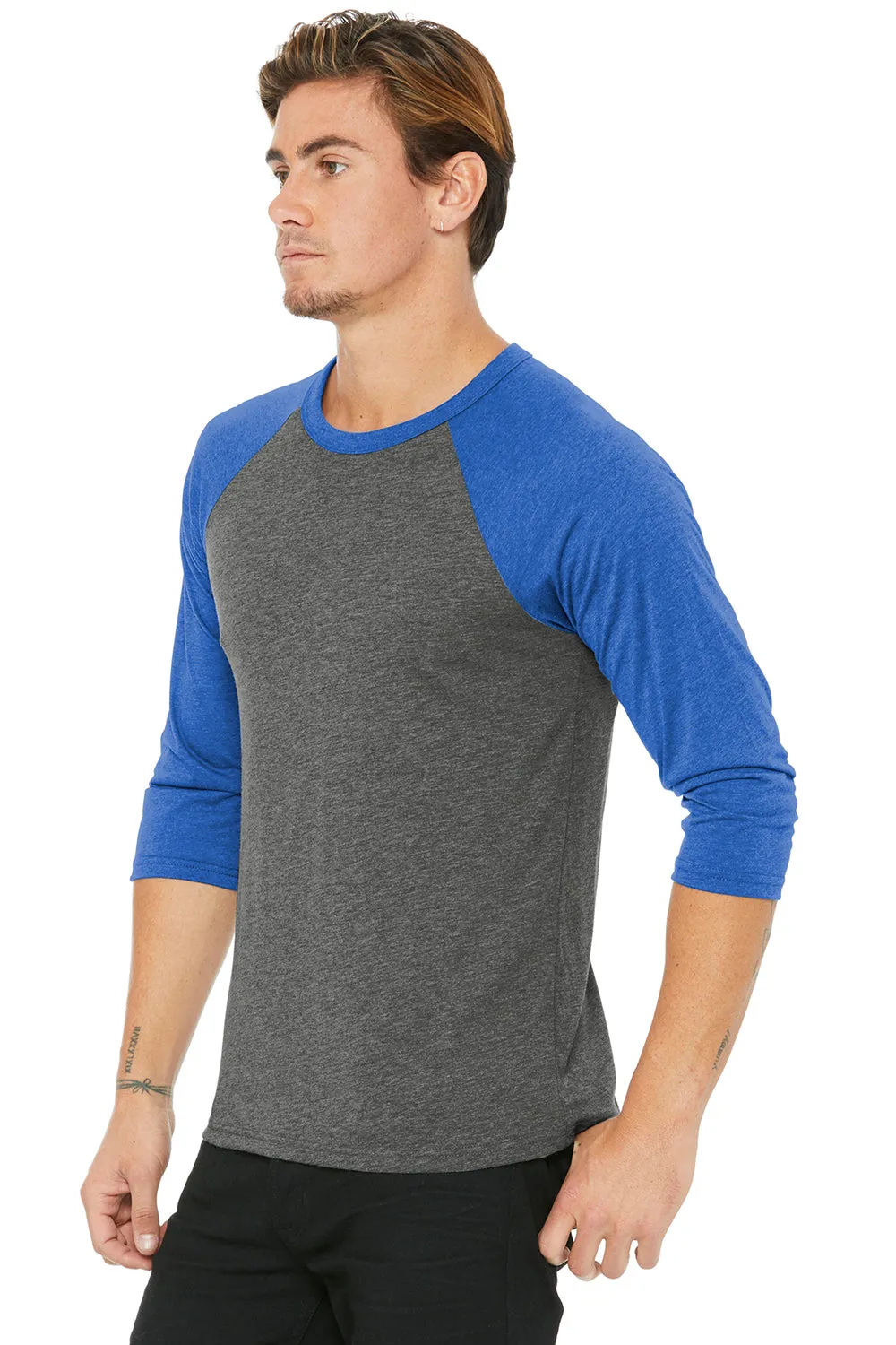 Bella   Canvas Mens 3/4 Sleeve Crewneck T-Shirt - Grey/Royal Blue