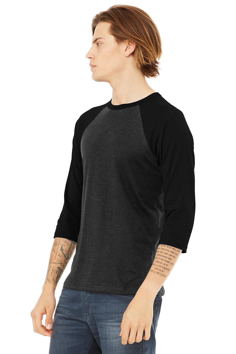 Bella   Canvas Mens 3/4 Sleeve Crewneck T-Shirt - Heather Black/Black
