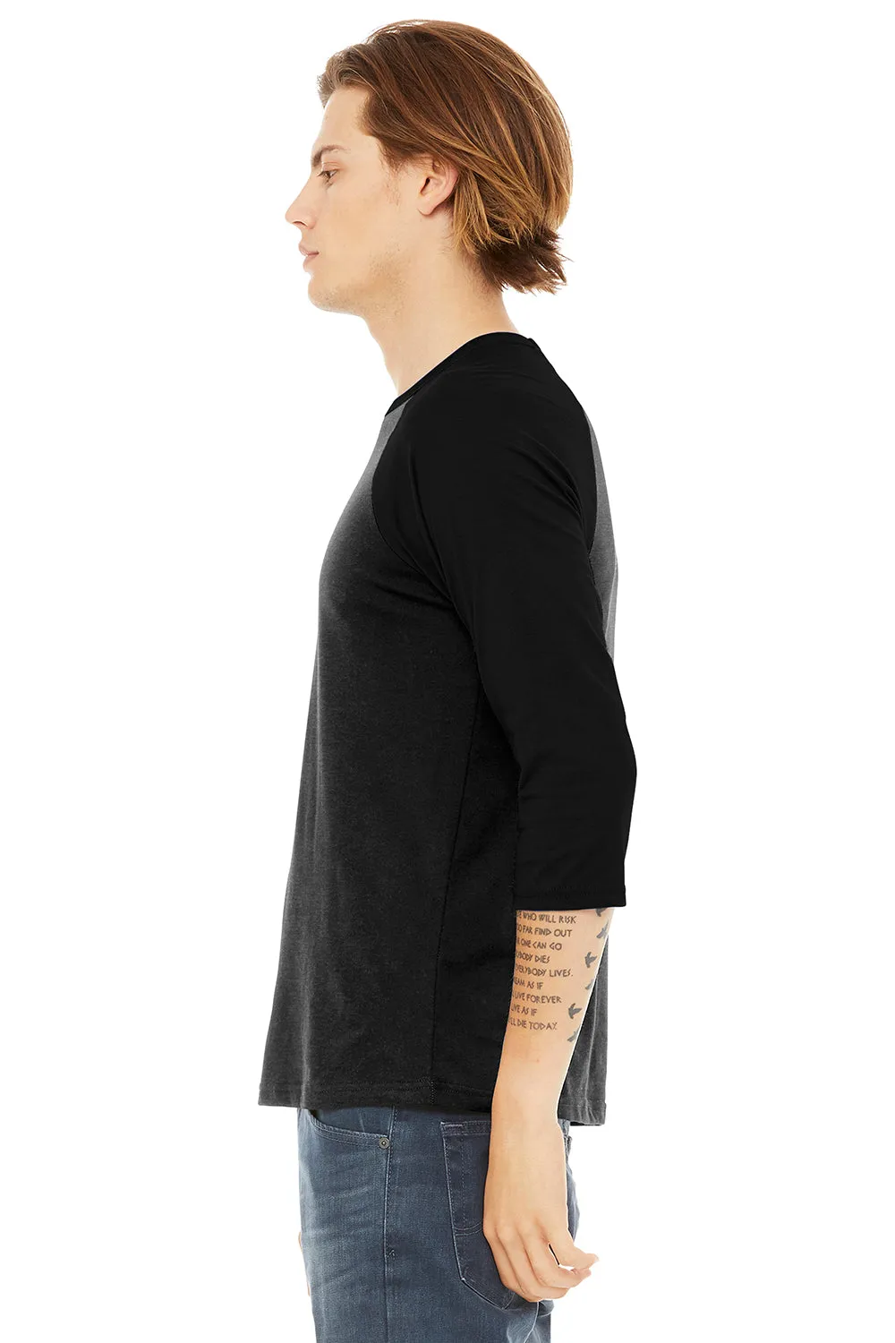 Bella   Canvas Mens 3/4 Sleeve Crewneck T-Shirt - Heather Black/Black