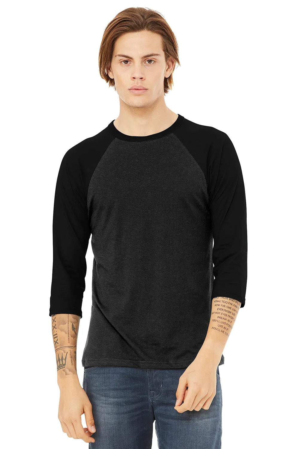Bella   Canvas Mens 3/4 Sleeve Crewneck T-Shirt - Heather Black/Black