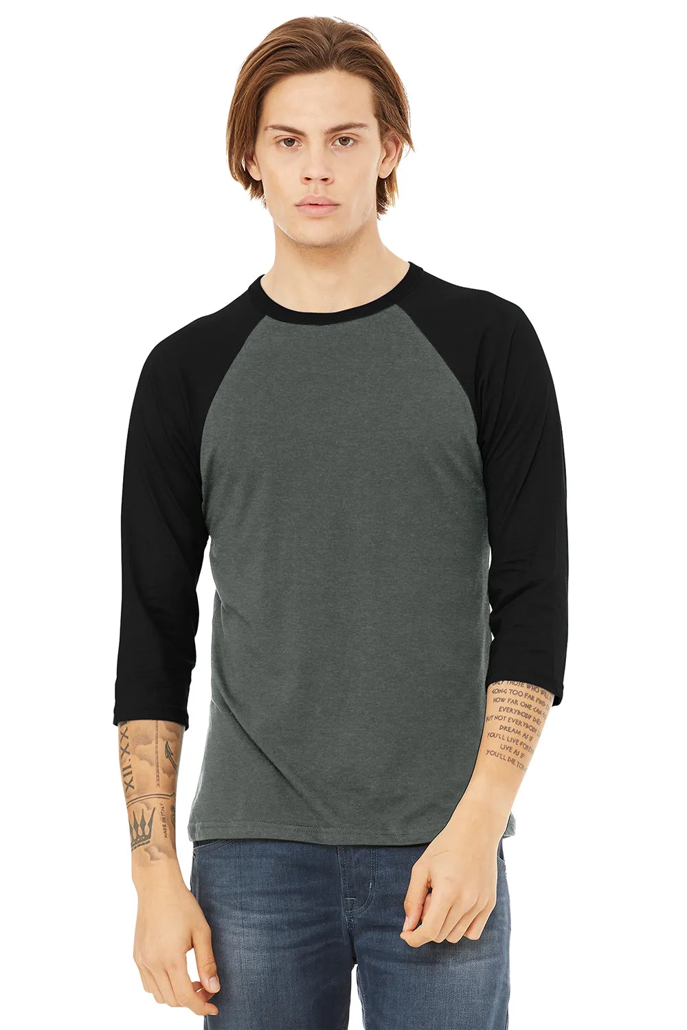 Bella   Canvas Mens 3/4 Sleeve Crewneck T-Shirt - Heather Deep Grey/Black