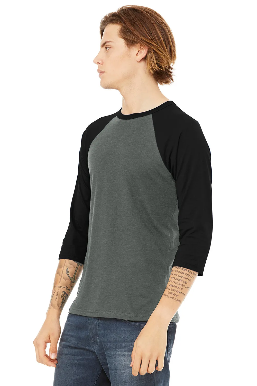 Bella   Canvas Mens 3/4 Sleeve Crewneck T-Shirt - Heather Deep Grey/Black