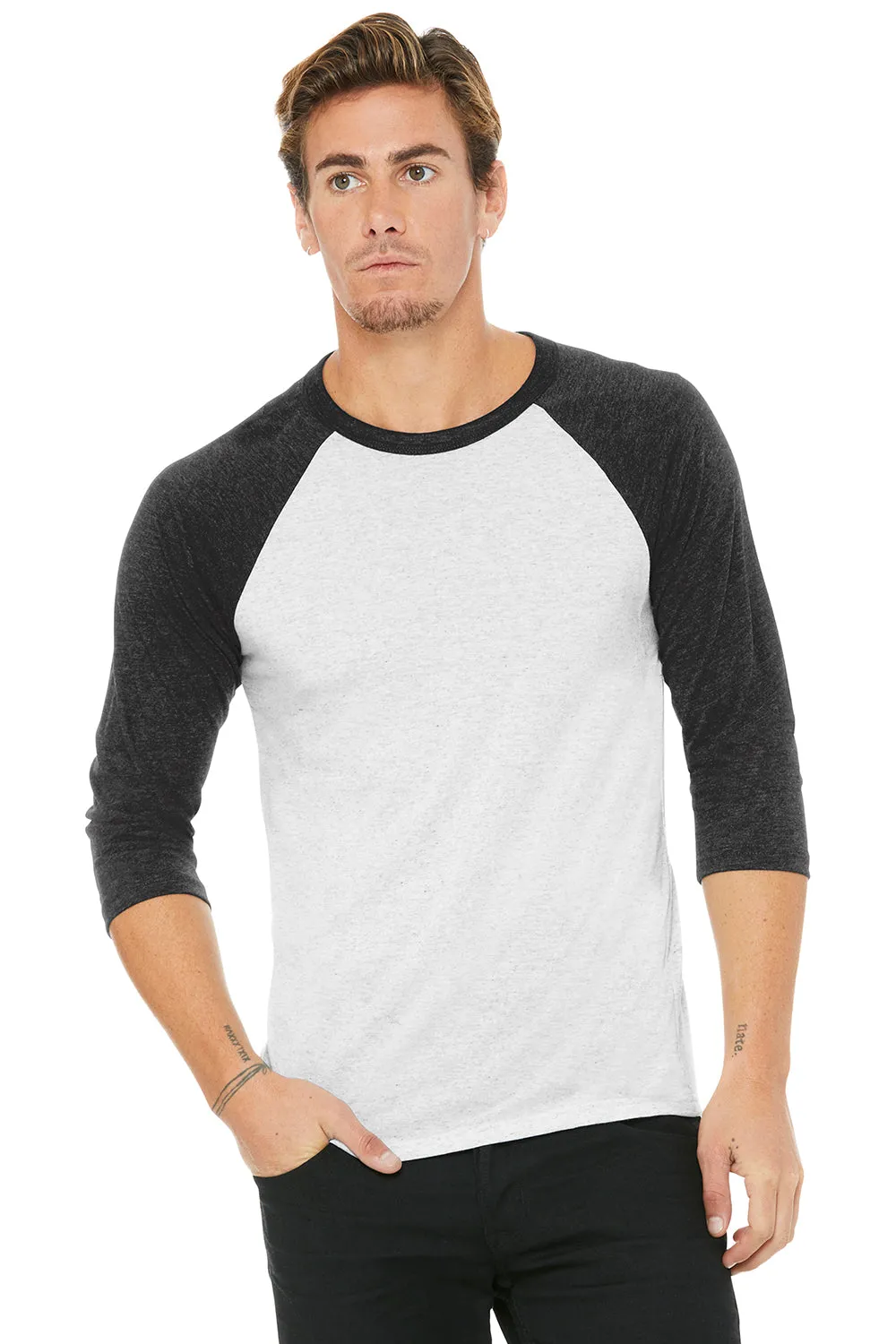 Bella   Canvas Mens 3/4 Sleeve Crewneck T-Shirt - White Fleck/Charcoal
