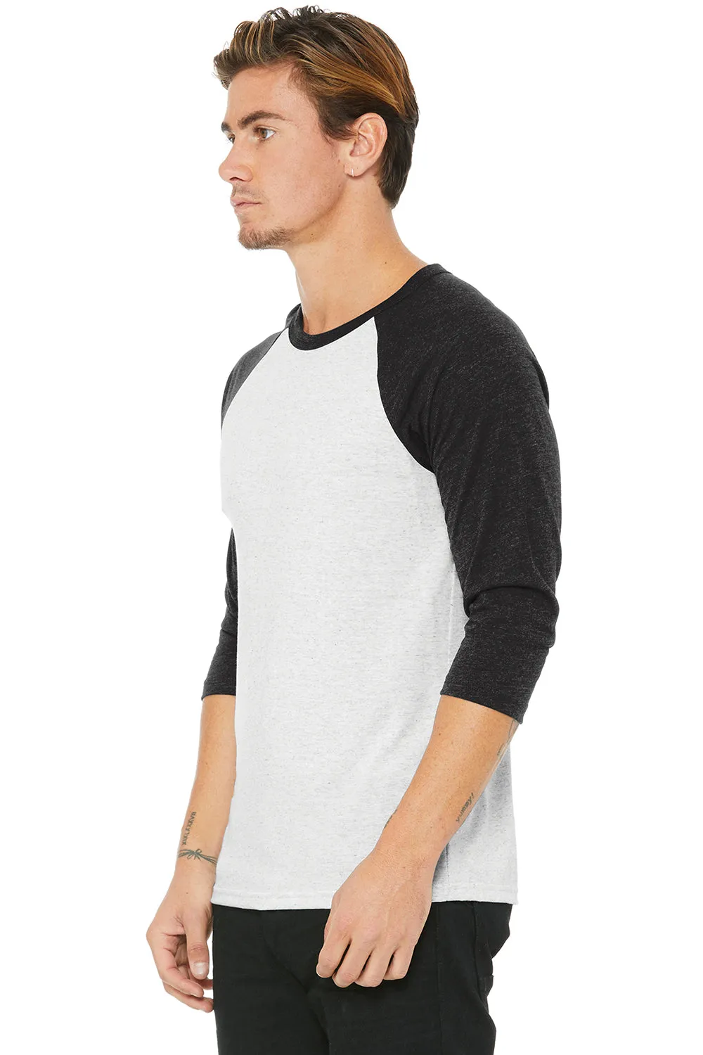 Bella   Canvas Mens 3/4 Sleeve Crewneck T-Shirt - White Fleck/Charcoal