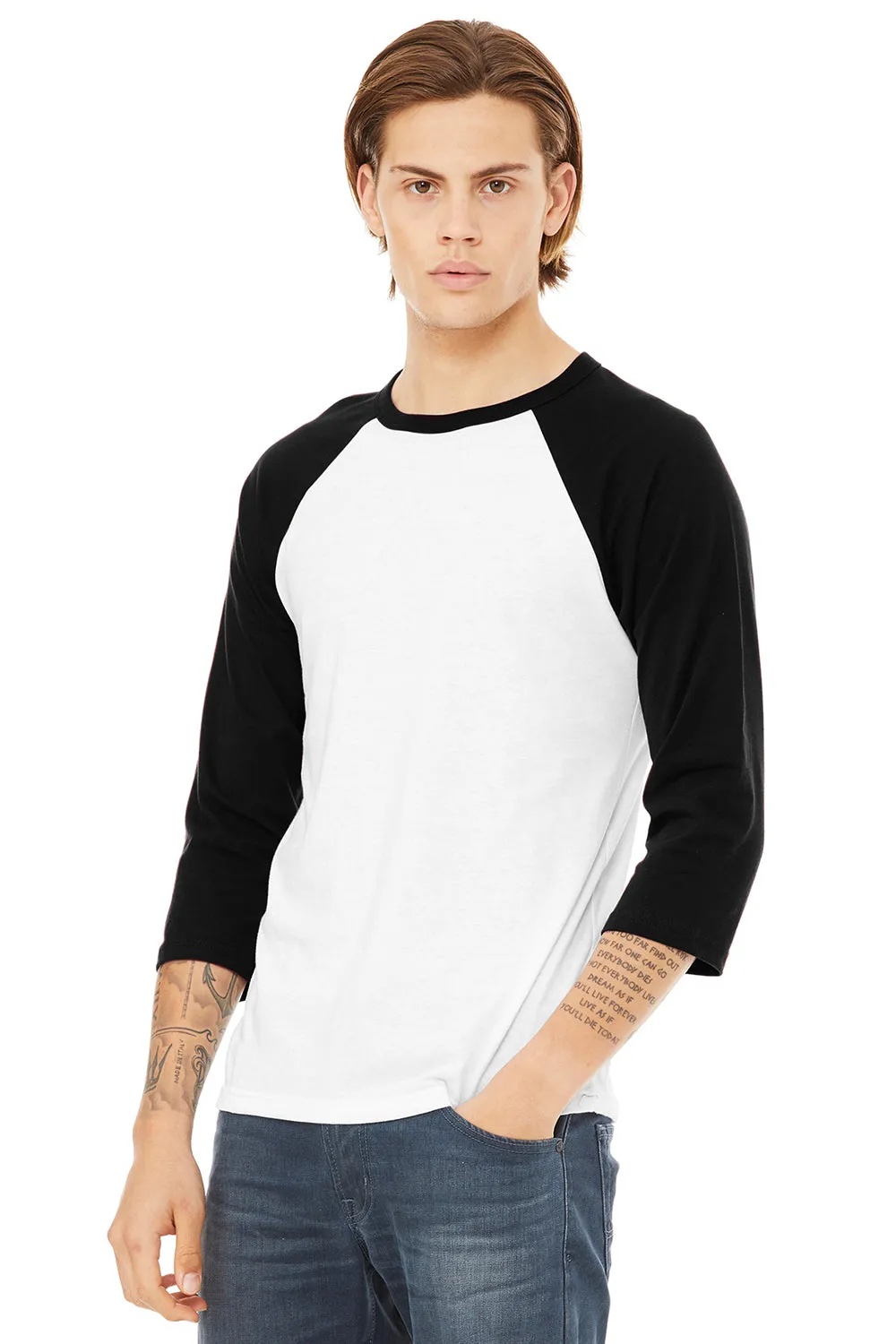 Bella   Canvas Mens 3/4 Sleeve Crewneck T-Shirt - White/Black