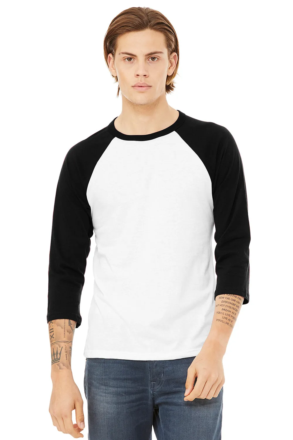 Bella   Canvas Mens 3/4 Sleeve Crewneck T-Shirt - White/Black