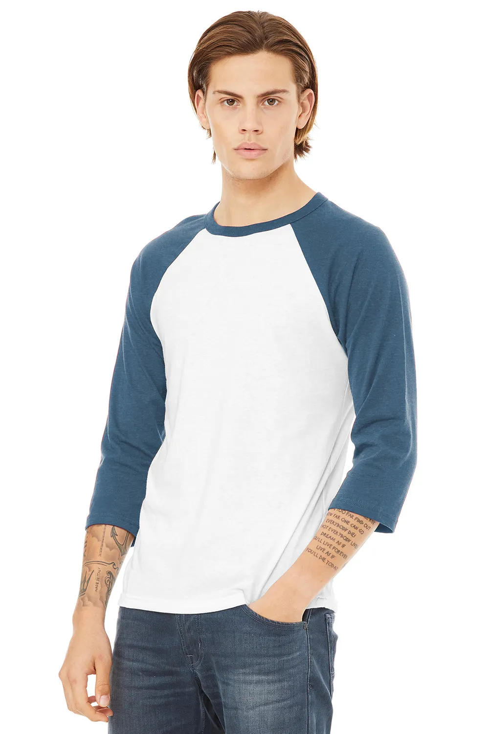 Bella   Canvas Mens 3/4 Sleeve Crewneck T-Shirt - White/Denim Blue - Closeout