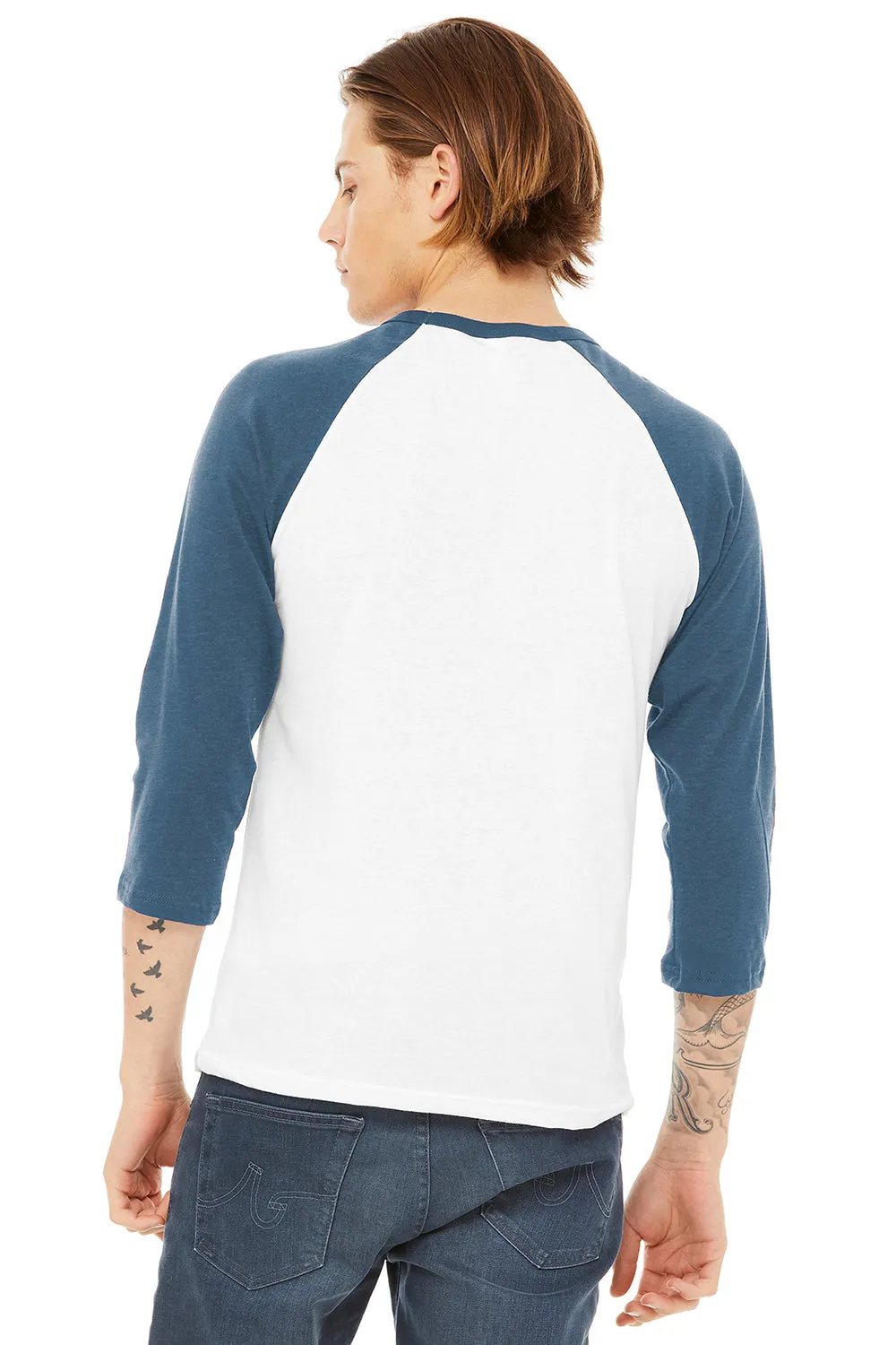 Bella   Canvas Mens 3/4 Sleeve Crewneck T-Shirt - White/Denim Blue - Closeout