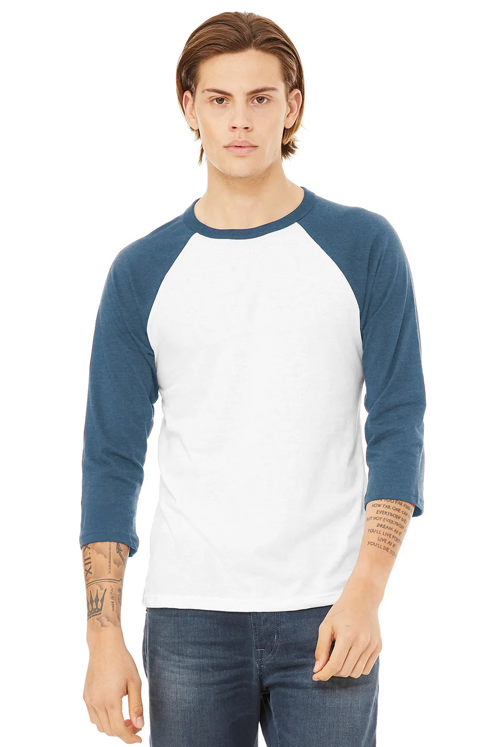 Bella   Canvas Mens 3/4 Sleeve Crewneck T-Shirt - White/Denim Blue - Closeout