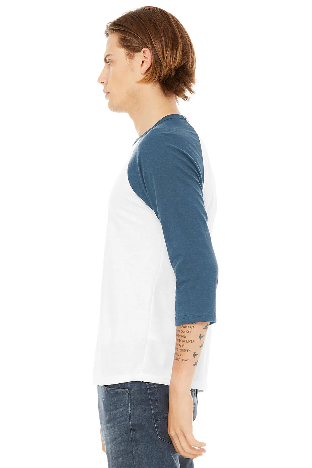 Bella   Canvas Mens 3/4 Sleeve Crewneck T-Shirt - White/Denim Blue - Closeout
