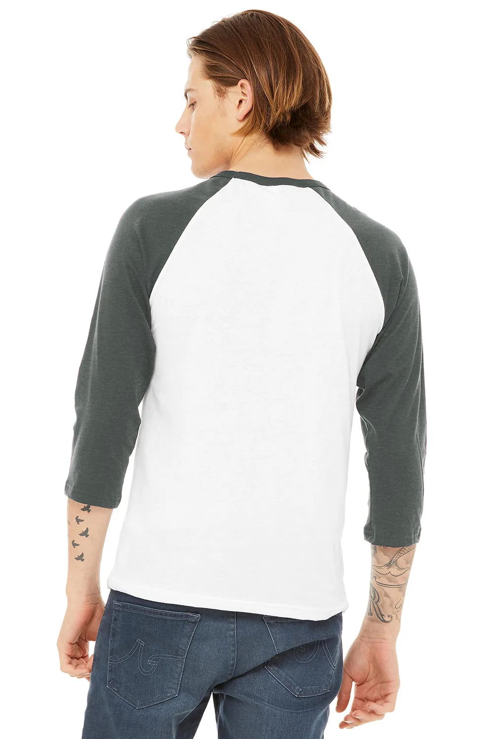 Bella   Canvas Mens 3/4 Sleeve Crewneck T-Shirt - White/Heather Deep Grey