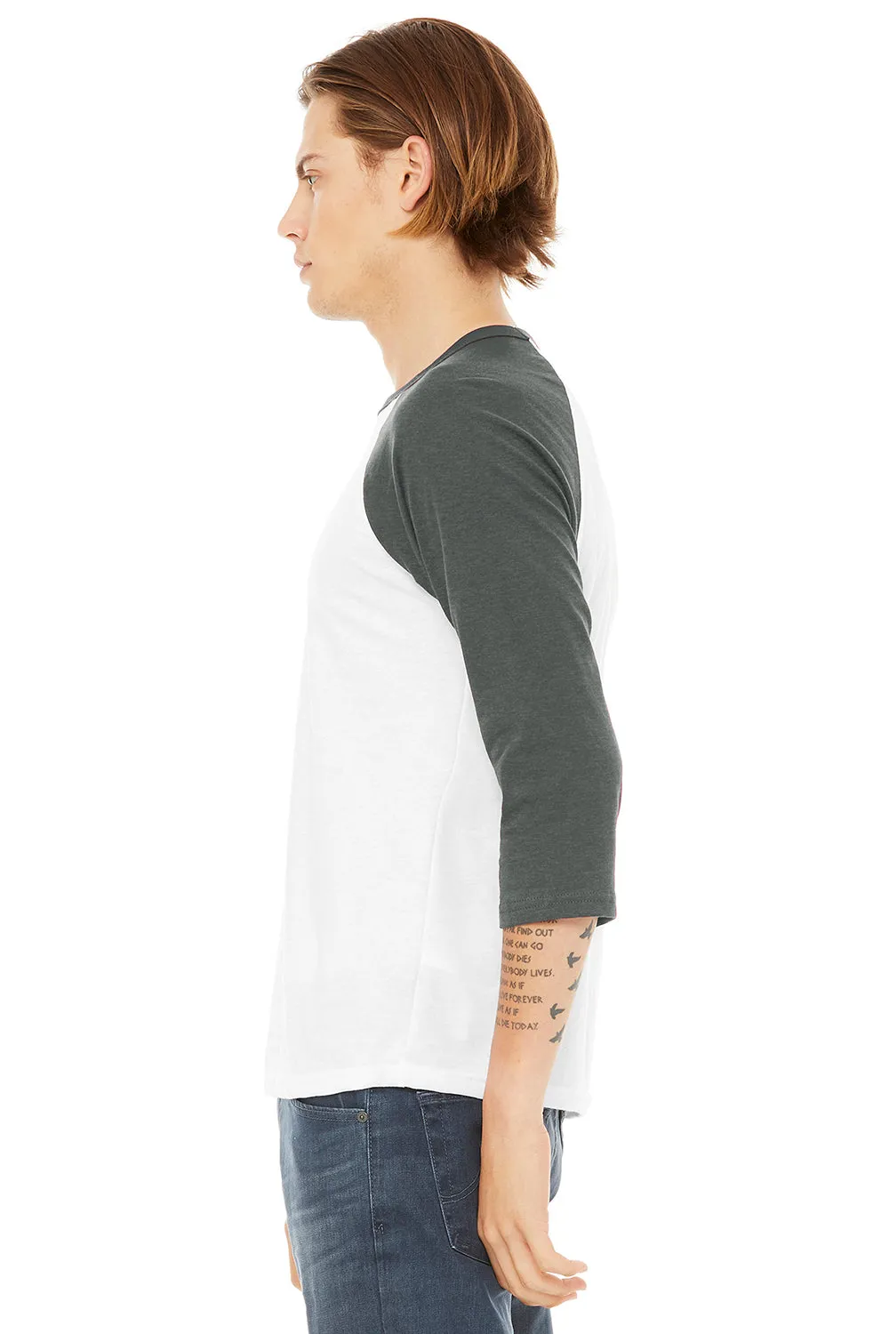 Bella   Canvas Mens 3/4 Sleeve Crewneck T-Shirt - White/Heather Deep Grey