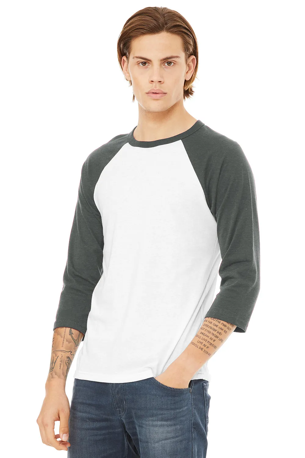 Bella   Canvas Mens 3/4 Sleeve Crewneck T-Shirt - White/Heather Deep Grey