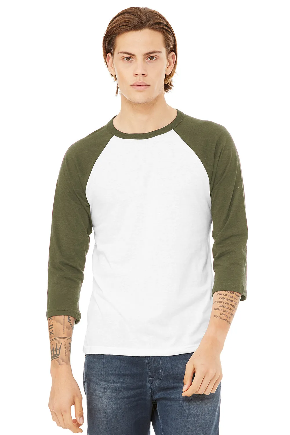 Bella   Canvas Mens 3/4 Sleeve Crewneck T-Shirt - White/Heather Olive Green - Closeout