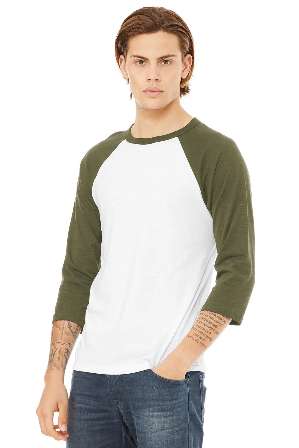 Bella   Canvas Mens 3/4 Sleeve Crewneck T-Shirt - White/Heather Olive Green - Closeout