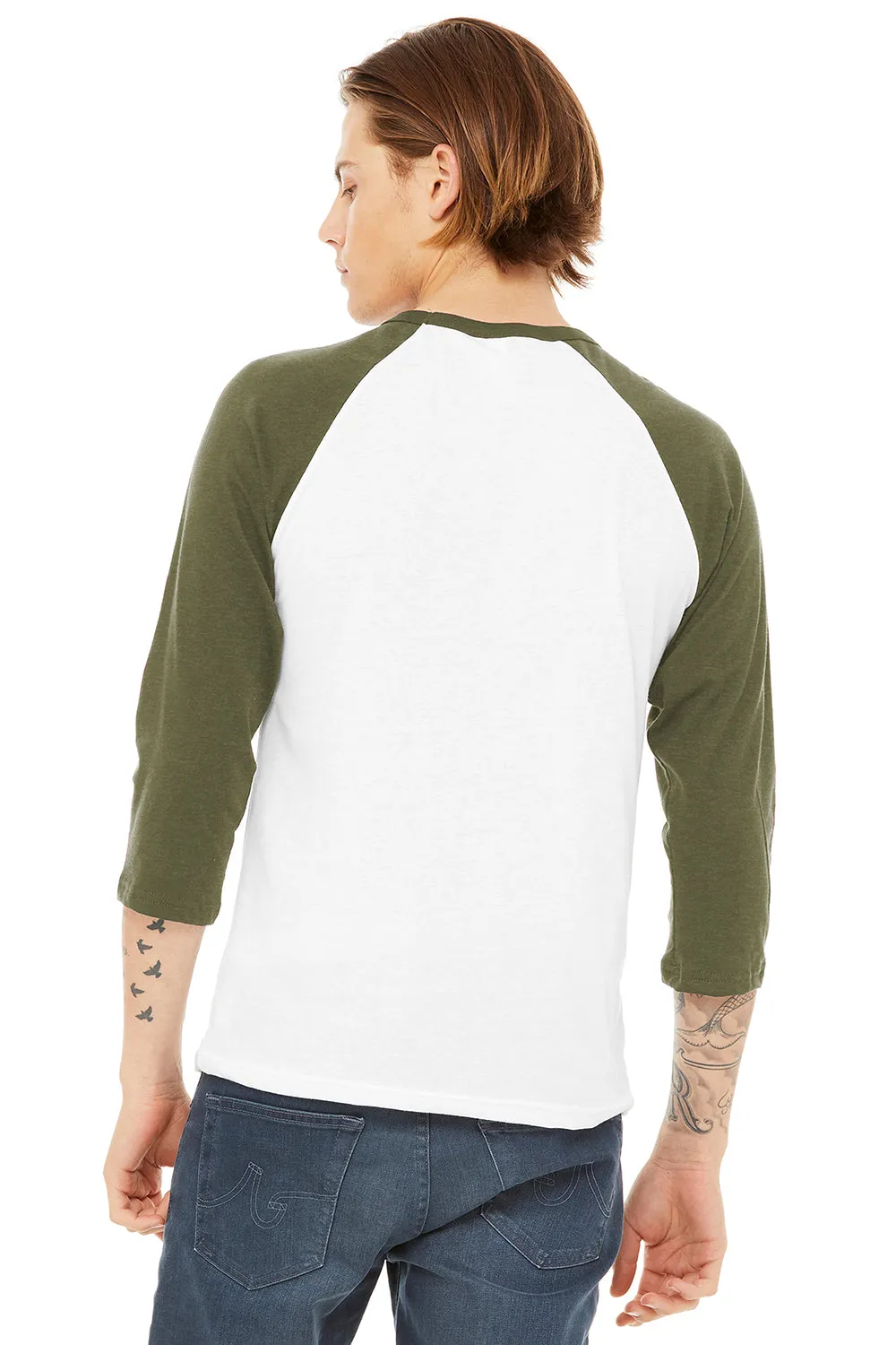 Bella   Canvas Mens 3/4 Sleeve Crewneck T-Shirt - White/Heather Olive Green - Closeout