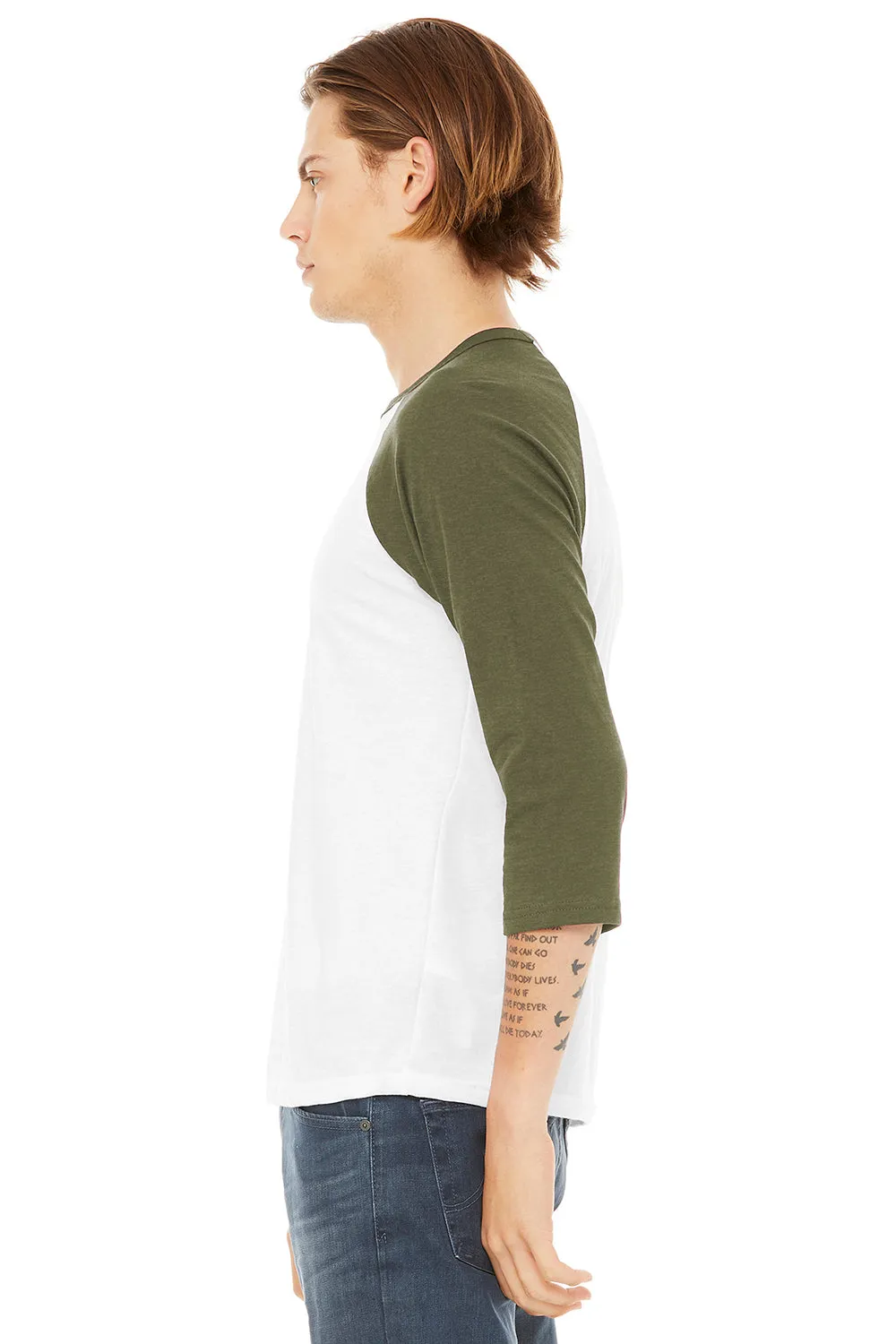 Bella   Canvas Mens 3/4 Sleeve Crewneck T-Shirt - White/Heather Olive Green - Closeout