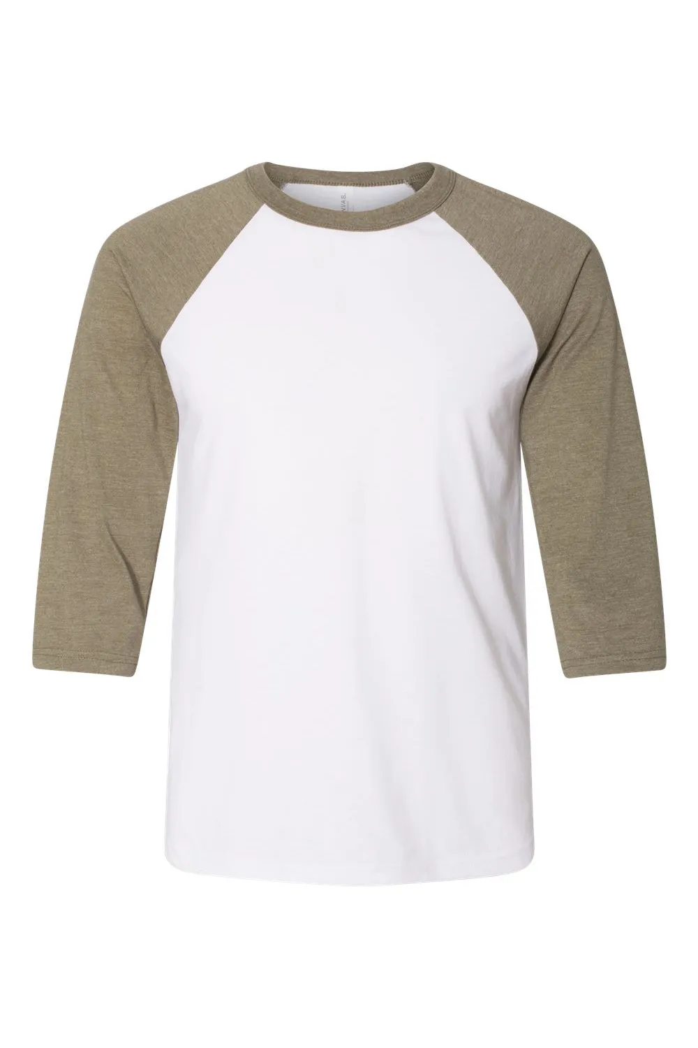 Bella   Canvas Mens 3/4 Sleeve Crewneck T-Shirt - White/Heather Olive Green - Closeout