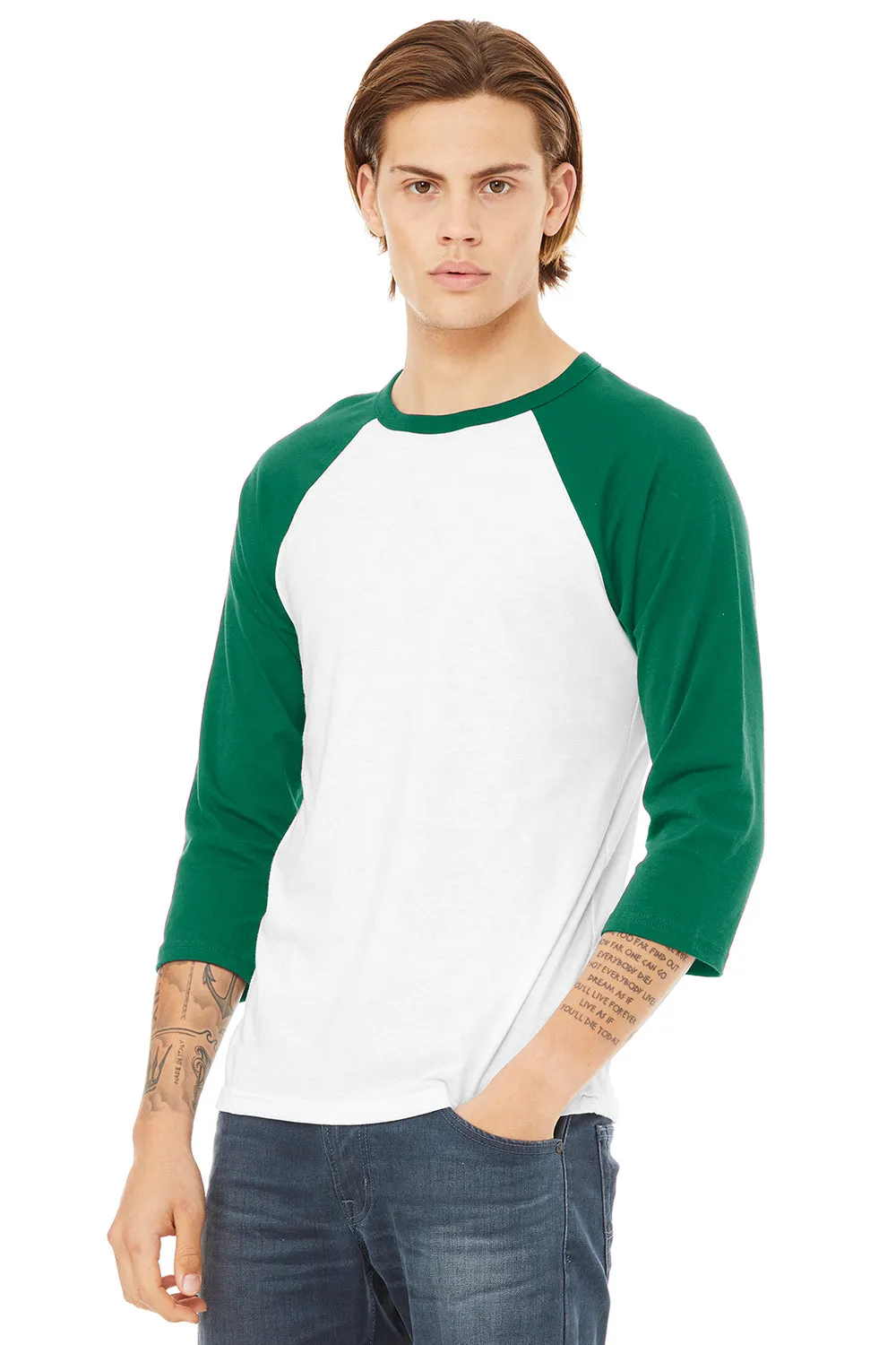 Bella   Canvas Mens 3/4 Sleeve Crewneck T-Shirt - White/Kelly Green