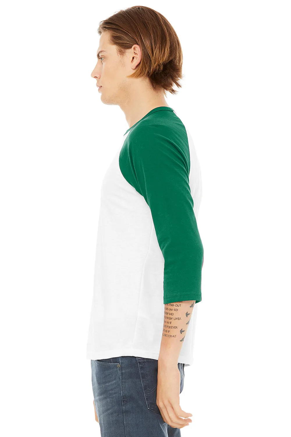 Bella   Canvas Mens 3/4 Sleeve Crewneck T-Shirt - White/Kelly Green