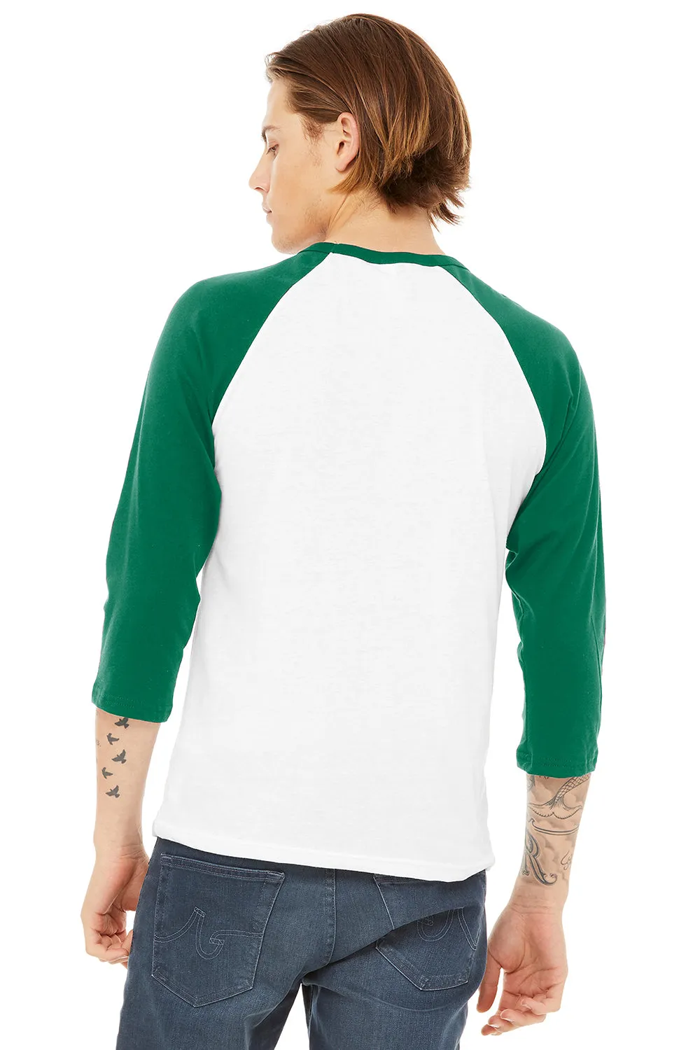 Bella   Canvas Mens 3/4 Sleeve Crewneck T-Shirt - White/Kelly Green