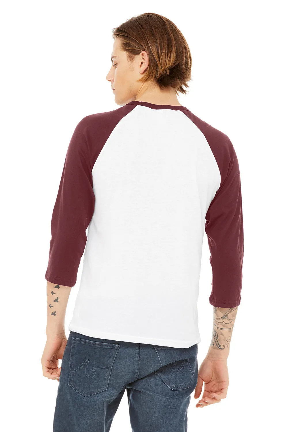 Bella   Canvas Mens 3/4 Sleeve Crewneck T-Shirt - White/Maroon - Closeout