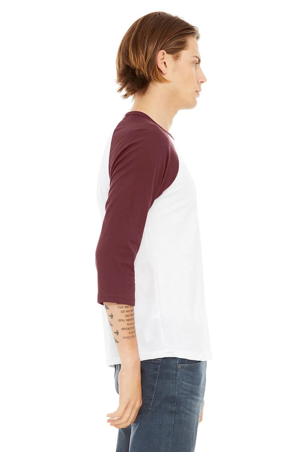 Bella   Canvas Mens 3/4 Sleeve Crewneck T-Shirt - White/Maroon - Closeout